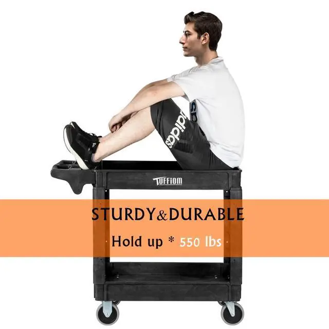 Alt view image 4 of 7 - Plastic Service Utility Cart with Wheels, 550lbs Capacity Heavy Duty Tub Storage Cart W/Deep Shelves, Multipurpose Rolling 2-Tier Mobile Storage Organizer, for Warehouse Garage Industrial