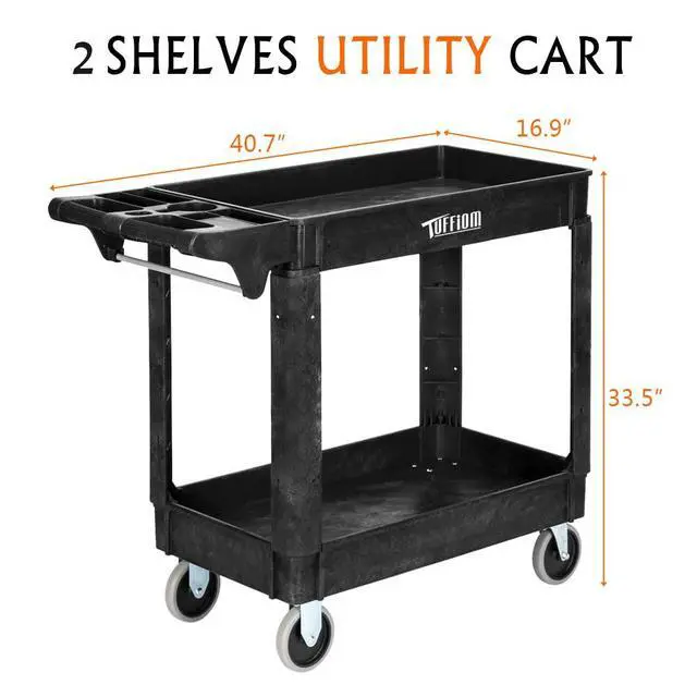 Alt view image 5 of 7 - Plastic Service Utility Cart with Wheels, 550lbs Capacity Heavy Duty Tub Storage Cart W/Deep Shelves, Multipurpose Rolling 2-Tier Mobile Storage Organizer, for Warehouse Garage Industrial