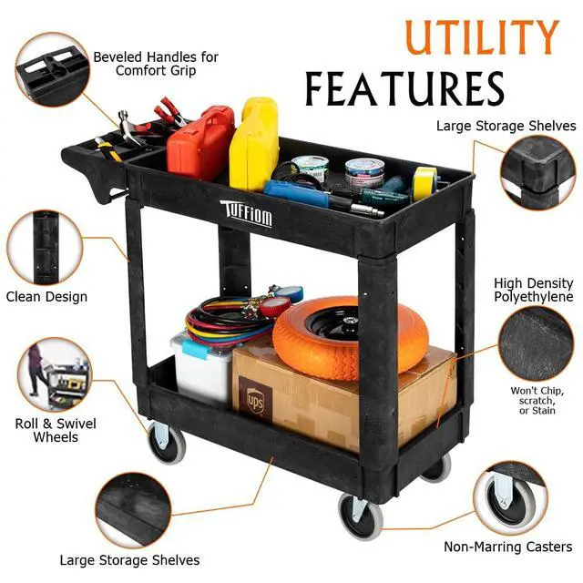 Alt view image 2 of 7 - Plastic Service Utility Cart with Wheels, 550lbs Capacity Heavy Duty Tub Storage Cart W/Deep Shelves, Multipurpose Rolling 2-Tier Mobile Storage Organizer, for Warehouse Garage Industrial