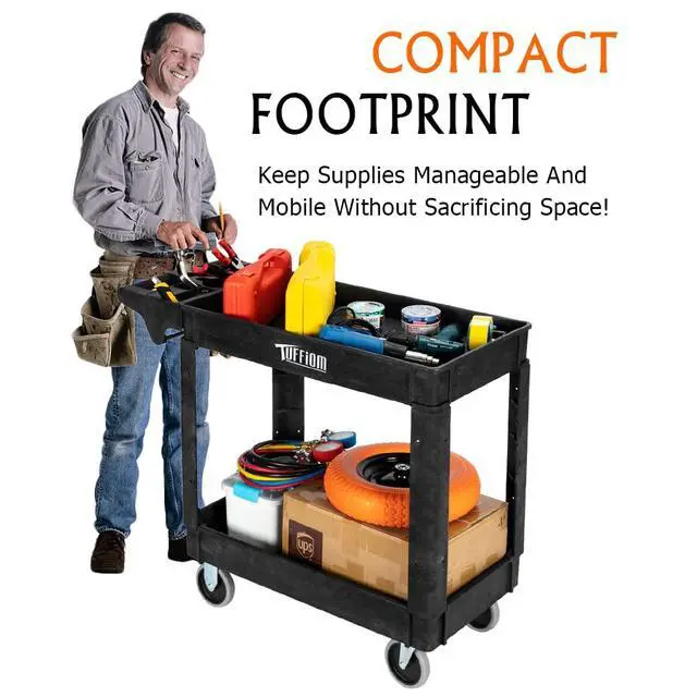 Alt view image 3 of 7 - Plastic Service Utility Cart with Wheels, 550lbs Capacity Heavy Duty Tub Storage Cart W/Deep Shelves, Multipurpose Rolling 2-Tier Mobile Storage Organizer, for Warehouse Garage Industrial