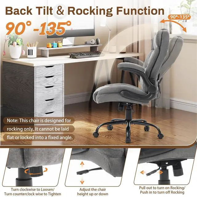 Alt view image 4 of 7 - Massage Office Chair, 500LBS Ergonomic Rocking Executive Desk Chairs with 4 Points Vibration&Heat,Padded Flip-up Armrests for Big and Tall Office Chair,Swivel Computer Chair Thicken Back,Grey