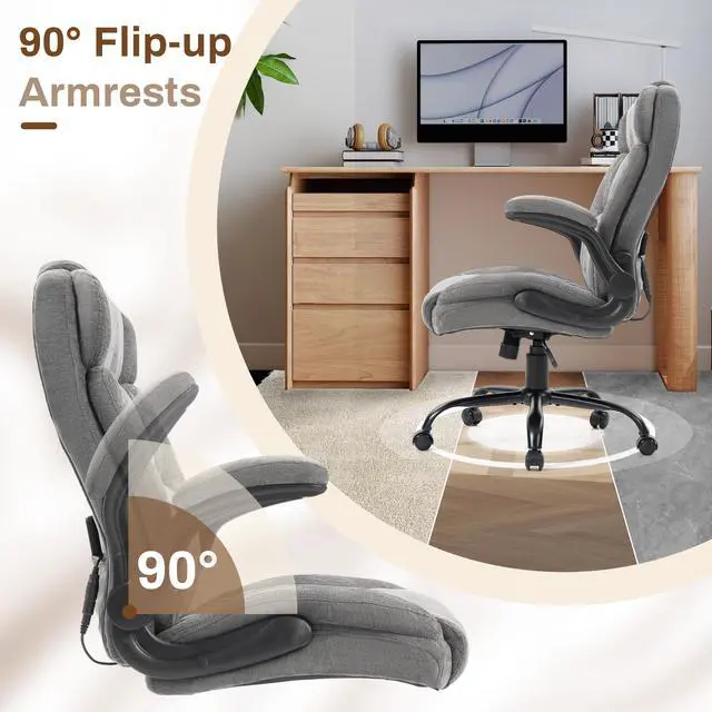 Alt view image 5 of 7 - Massage Office Chair, 500LBS Ergonomic Rocking Executive Desk Chairs with 4 Points Vibration&Heat,Padded Flip-up Armrests for Big and Tall Office Chair,Swivel Computer Chair Thicken Back,Grey