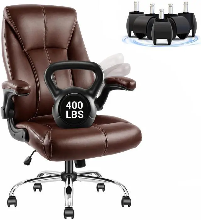 Main image of Big and Tall Office Chair for Heavy People, 400LBS High Back Extra Wide Executive PU Leather Office Chair with Flip-Up Armrests, Smooth Caster Wheels, Comfortable Home Office Desk Chair (Brown)