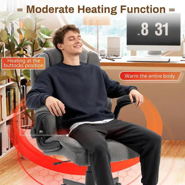 Alt view image 6 of 7 - Massage Office Chair, 500LBS Ergonomic Rocking Executive Desk Chairs with 4 Points Vibration&Heat,Padded Flip-up Armrests for Big and Tall Office Chair,Swivel Computer Chair Thicken Back,Grey