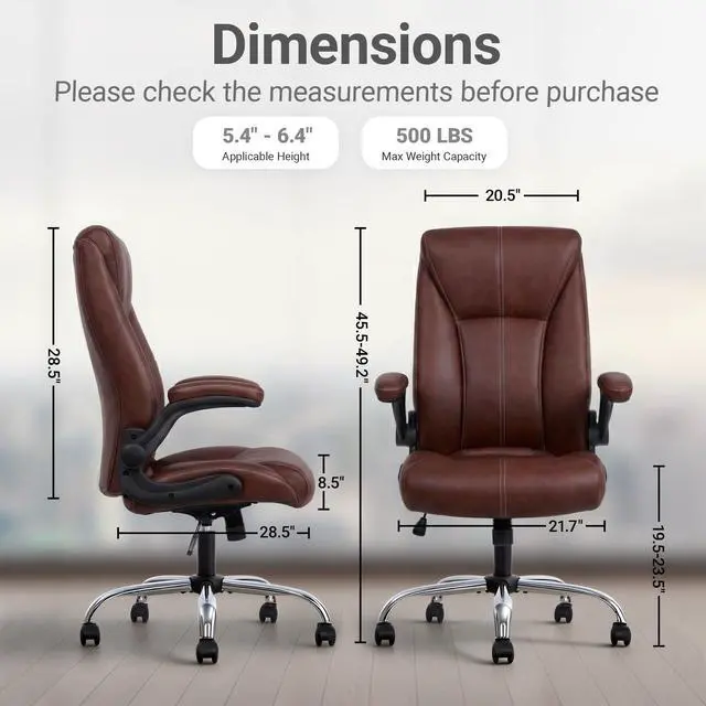 Alt view image 2 of 7 - Big and Tall Office Chair for Heavy People, 400LBS High Back Extra Wide Executive PU Leather Office Chair with Flip-Up Armrests, Smooth Caster Wheels, Comfortable Home Office Desk Chair (Brown)