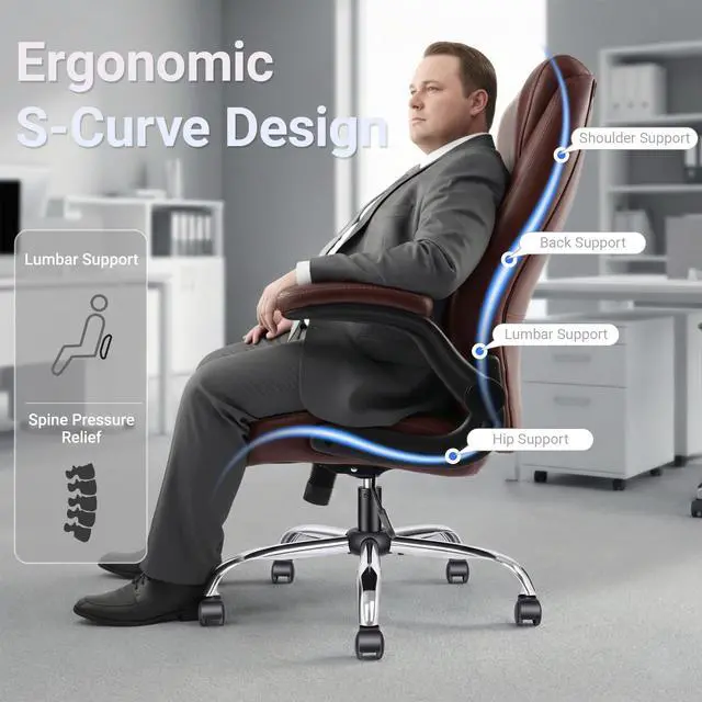 Alt view image 3 of 7 - Big and Tall Office Chair for Heavy People, 400LBS High Back Extra Wide Executive PU Leather Office Chair with Flip-Up Armrests, Smooth Caster Wheels, Comfortable Home Office Desk Chair (Brown)