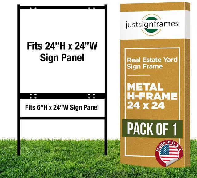 Main image of Real Estate H-Frame Yard Signs with 1 Rider, 24 x 24 in, Black, 1 Pack | Durable, Weather-Resistant Slide-In Assembly, Holds Foam Board & Poster Board, 3/4" Angle Iron, Steel Stakes for Outdoor Use