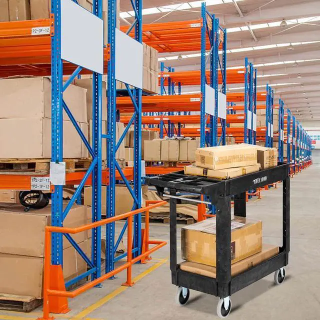 Alt view image 7 of 7 - Plastic Service Utility Cart with Wheels, 550lbs Capacity Heavy Duty Tub Storage Cart W/Deep Shelves, Multipurpose Rolling 2-Tier Mobile Storage Organizer, for Warehouse Garage Industrial