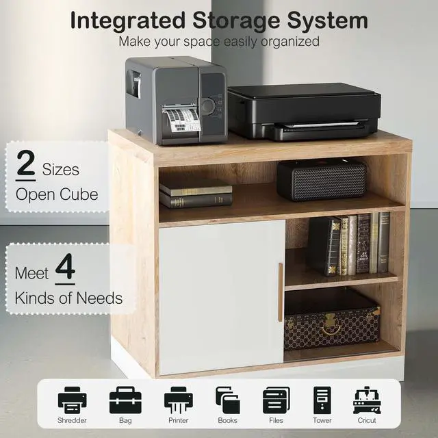 Alt view image 3 of 7 - Wood Accent Storage Cabinet with Shelves and Sliding Door | Floor Standing Storage Cabinet for Home Office, Tool, Arts, Craft, Supply, 31"W × 20"D × 29"H, Printer Stand, White Walnut