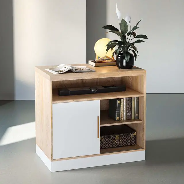 Main image of Wood Accent Storage Cabinet with Shelves and Sliding Door | Floor Standing Storage Cabinet for Home Office, Tool, Arts, Craft, Supply, 31"W × 20"D × 29"H, Printer Stand, White Walnut