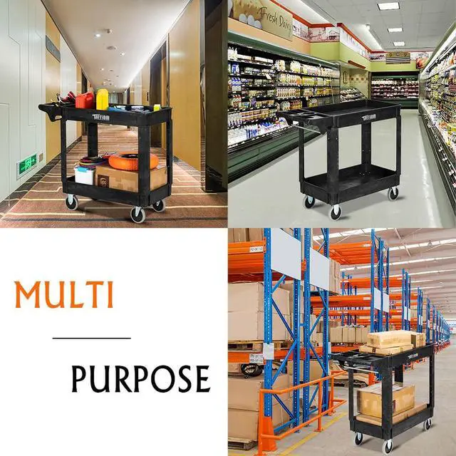 Alt view image 6 of 7 - Plastic Service Utility Cart with Wheels, 550lbs Capacity Heavy Duty Tub Storage Cart W/Deep Shelves, Multipurpose Rolling 2-Tier Mobile Storage Organizer, for Warehouse Garage Industrial