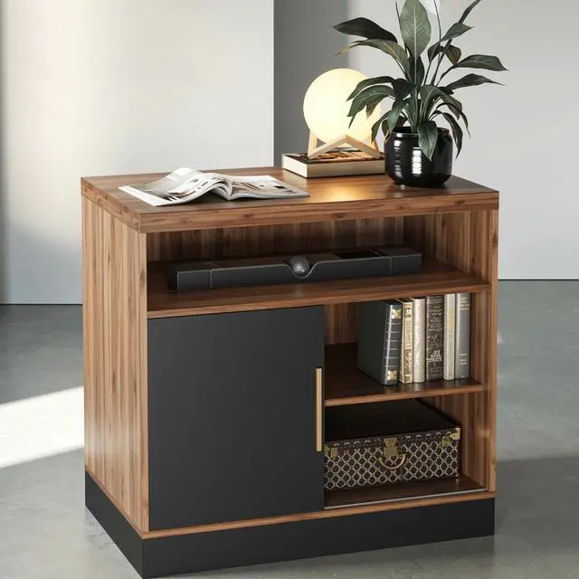 Main image of Wood Accent Storage Cabinet with Shelves and Sliding Door | Floor Standing Storage Cabinet for Home Office, Tool, Arts, Craft, Supply, 31"W × 20"D × 29"H, Printer Stand, Black Walnut