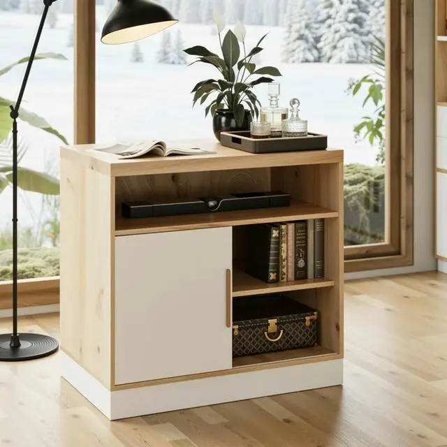 Alt view image 7 of 7 - Wood Accent Storage Cabinet with Shelves and Sliding Door | Floor Standing Storage Cabinet for Home Office, Tool, Arts, Craft, Supply, 31"W × 20"D × 29"H, Printer Stand, White Walnut