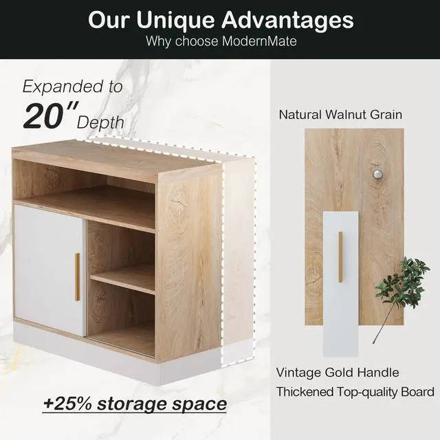 Alt view image 6 of 7 - Wood Accent Storage Cabinet with Shelves and Sliding Door | Floor Standing Storage Cabinet for Home Office, Tool, Arts, Craft, Supply, 31"W × 20"D × 29"H, Printer Stand, White Walnut