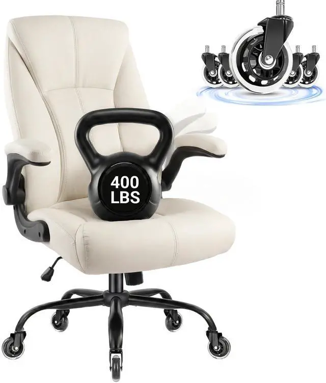 Main image of Big and Tall Office Chair for Heavy People, 400LBS High Back Extra Wide Executive PU Leather Office Chair with Flip-Up Armrests, Quiet Rubber Wheels, Comfortable Home Office Desk Chair (White)
