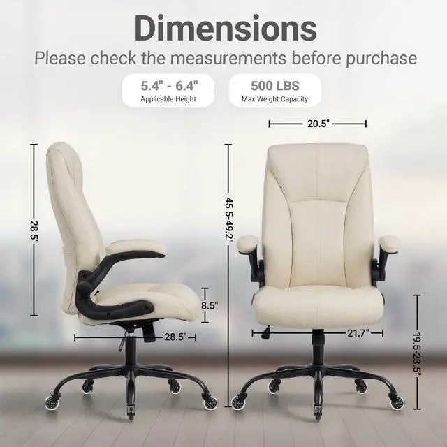 Alt view image 3 of 7 - Big and Tall Office Chair for Heavy People, 400LBS High Back Extra Wide Executive PU Leather Office Chair with Flip-Up Armrests, Quiet Rubber Wheels, Comfortable Home Office Desk Chair (White)