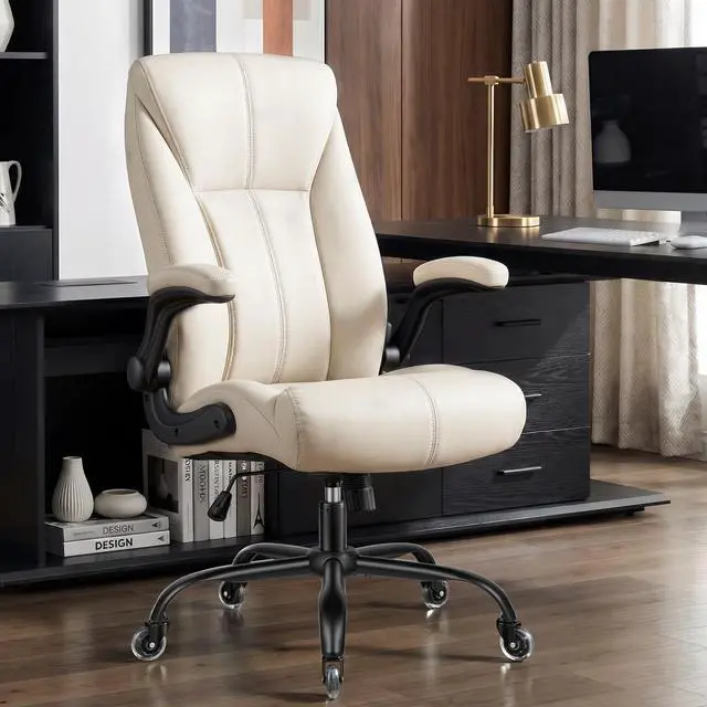 Alt view image 2 of 7 - Big and Tall Office Chair for Heavy People, 400LBS High Back Extra Wide Executive PU Leather Office Chair with Flip-Up Armrests, Quiet Rubber Wheels, Comfortable Home Office Desk Chair (White)