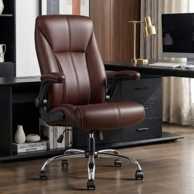 Alt view image 7 of 7 - Big and Tall Office Chair for Heavy People, 400LBS High Back Extra Wide Executive PU Leather Office Chair with Flip-Up Armrests, Smooth Caster Wheels, Comfortable Home Office Desk Chair (Brown)
