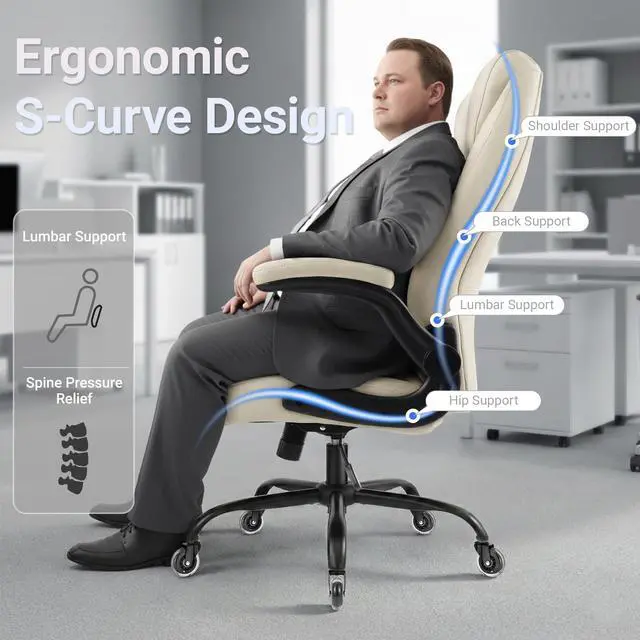 Alt view image 4 of 7 - Big and Tall Office Chair for Heavy People, 400LBS High Back Extra Wide Executive PU Leather Office Chair with Flip-Up Armrests, Quiet Rubber Wheels, Comfortable Home Office Desk Chair (White)