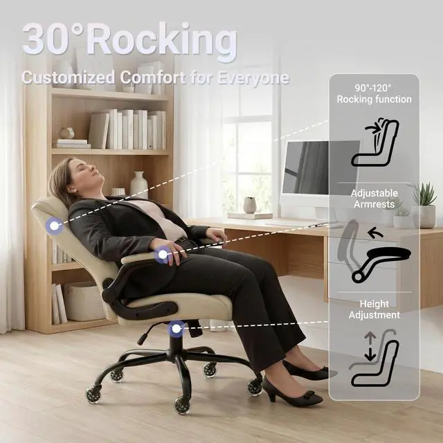 Alt view image 5 of 7 - Big and Tall Office Chair for Heavy People, 400LBS High Back Extra Wide Executive PU Leather Office Chair with Flip-Up Armrests, Quiet Rubber Wheels, Comfortable Home Office Desk Chair (White)