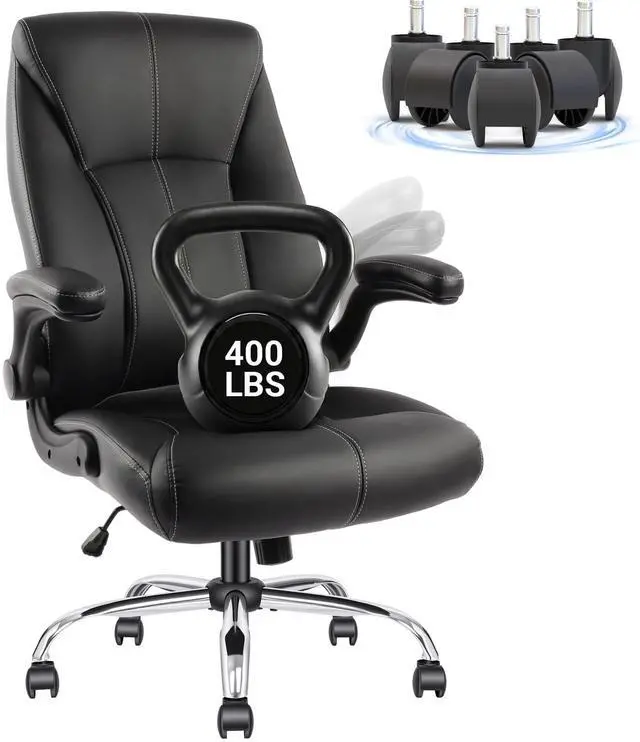 Main image of Big and Tall Office Chair for Heavy People, 400LBS High Back Extra Wide Executive PU Leather Office Chair with Flip-Up Armrests, Smooth Caster Wheels, Comfortable Home Office Desk Chair (Black)