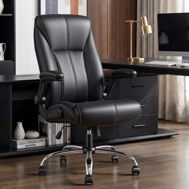Alt view image 2 of 6 - Big and Tall Office Chair for Heavy People, 400LBS High Back Extra Wide Executive PU Leather Office Chair with Flip-Up Armrests, Smooth Caster Wheels, Comfortable Home Office Desk Chair (Black)