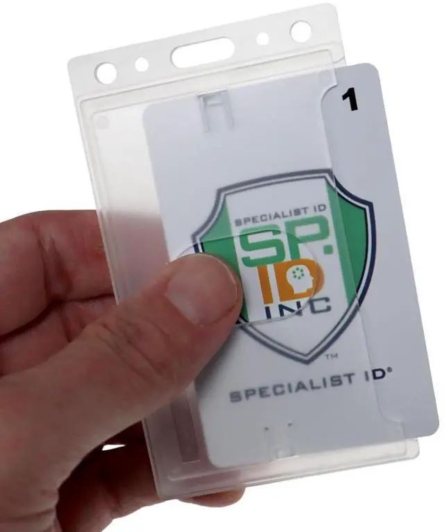 Main image of Bulk 50 Pack - Hard Plastic Badge Holder with Thumb Notch Slide Removal - Vertical Side Load - Clear Frosted Rigid Plastic - Holds One Standard Credit Card Sized Name Badge by