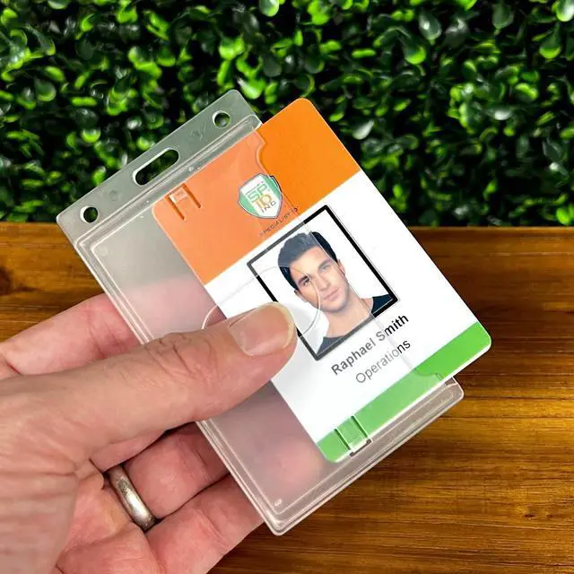 Alt view image 2 of 7 - Bulk 50 Pack - Hard Plastic Badge Holder with Thumb Notch Slide Removal - Vertical Side Load - Clear Frosted Rigid Plastic - Holds One Standard Credit Card Sized Name Badge by