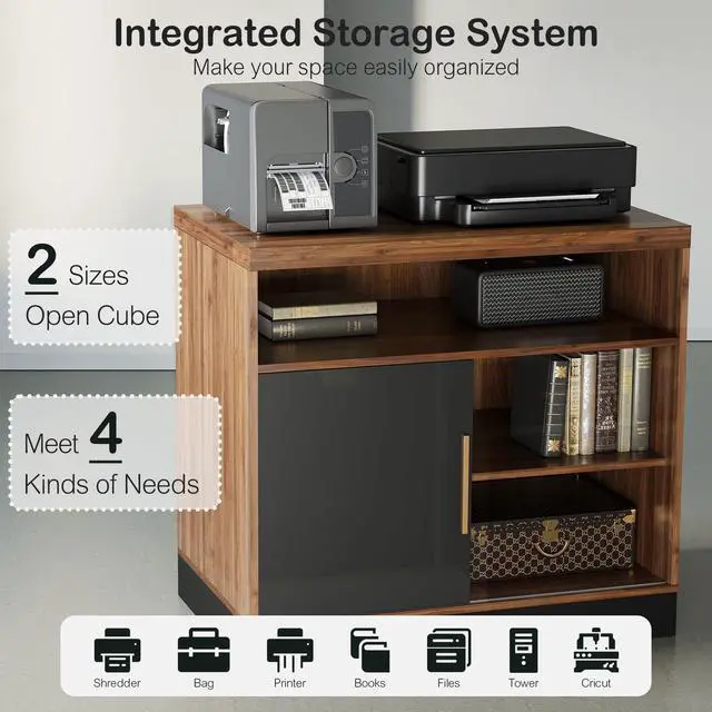Alt view image 4 of 7 - Wood Accent Storage Cabinet with Shelves and Sliding Door | Floor Standing Storage Cabinet for Home Office, Tool, Arts, Craft, Supply, 31"W × 20"D × 29"H, Printer Stand, Black Walnut