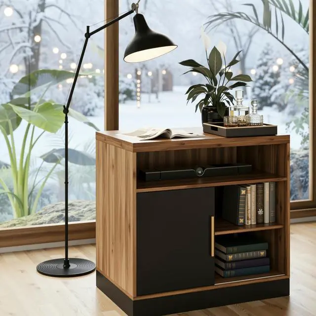 Alt view image 5 of 7 - Wood Accent Storage Cabinet with Shelves and Sliding Door | Floor Standing Storage Cabinet for Home Office, Tool, Arts, Craft, Supply, 31"W × 20"D × 29"H, Printer Stand, Black Walnut