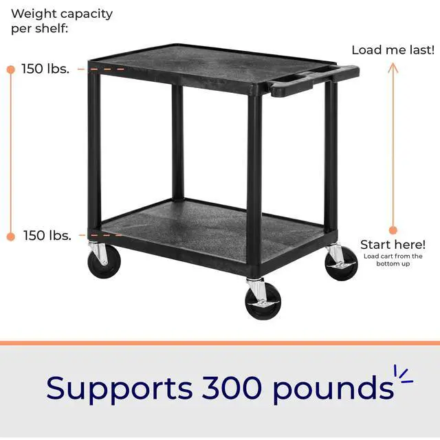 Alt view image 3 of 7 - Tubstr Compact 2 Shelf Utility Cart | Made in USA | Easy-Load Flat Shelves Hold Up to 300 lbs | Space-Saving Storage Cart & Rolling Tool Cart for School, Office & Garage (24 x 18in/Black)