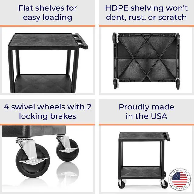 Alt view image 4 of 7 - Tubstr Compact 2 Shelf Utility Cart | Made in USA | Easy-Load Flat Shelves Hold Up to 300 lbs | Space-Saving Storage Cart & Rolling Tool Cart for School, Office & Garage (24 x 18in/Black)