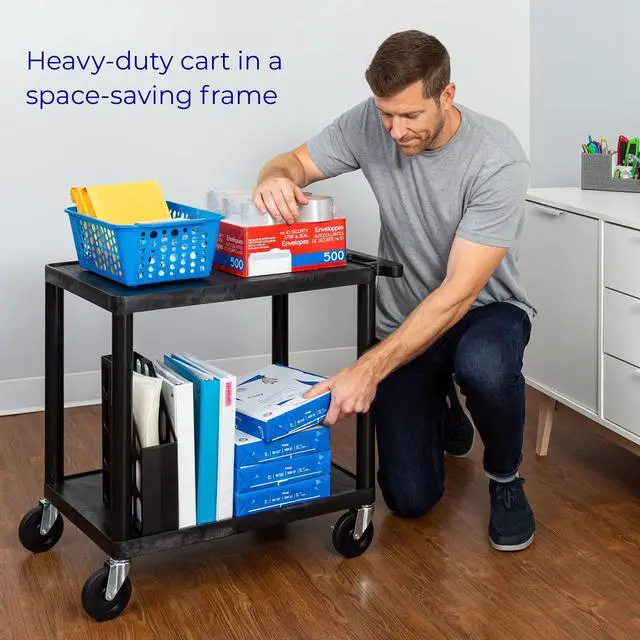 Alt view image 2 of 7 - Tubstr Compact 2 Shelf Utility Cart | Made in USA | Easy-Load Flat Shelves Hold Up to 300 lbs | Space-Saving Storage Cart & Rolling Tool Cart for School, Office & Garage (24 x 18in/Black)