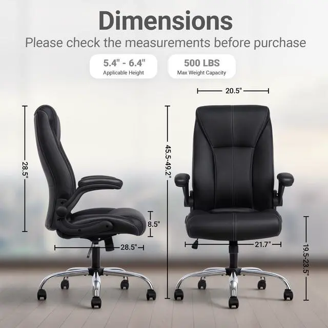 Alt view image 3 of 6 - Big and Tall Office Chair for Heavy People, 400LBS High Back Extra Wide Executive PU Leather Office Chair with Flip-Up Armrests, Smooth Caster Wheels, Comfortable Home Office Desk Chair (Black)