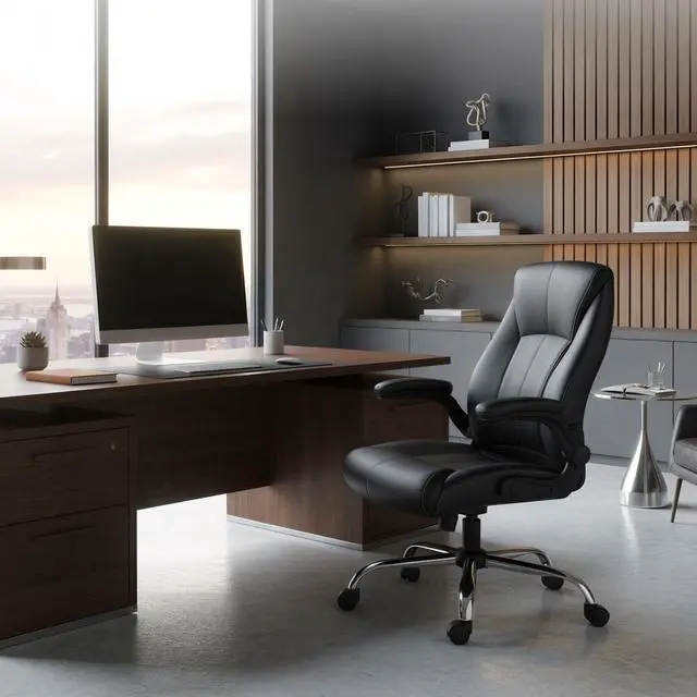 Alt view image 6 of 6 - Big and Tall Office Chair for Heavy People, 400LBS High Back Extra Wide Executive PU Leather Office Chair with Flip-Up Armrests, Smooth Caster Wheels, Comfortable Home Office Desk Chair (Black)