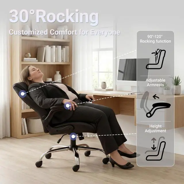 Alt view image 5 of 6 - Big and Tall Office Chair for Heavy People, 400LBS High Back Extra Wide Executive PU Leather Office Chair with Flip-Up Armrests, Smooth Caster Wheels, Comfortable Home Office Desk Chair (Black)