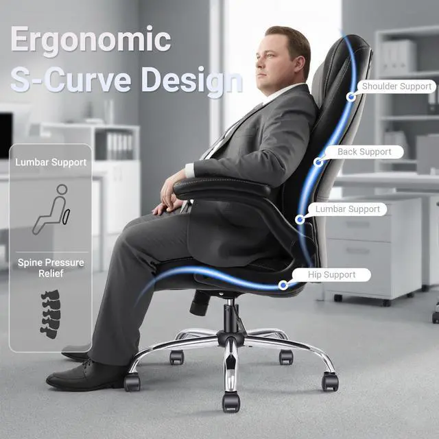 Alt view image 4 of 6 - Big and Tall Office Chair for Heavy People, 400LBS High Back Extra Wide Executive PU Leather Office Chair with Flip-Up Armrests, Smooth Caster Wheels, Comfortable Home Office Desk Chair (Black)