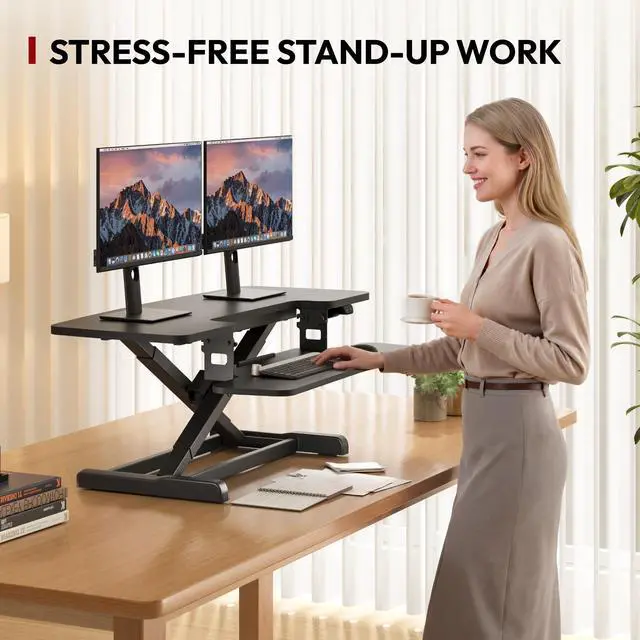 Alt view image 4 of 7 - 42" Electric Standing Desk Converter, Height Adjustable Riser for Office Home,Dual Monitor and Laptop Workstation with Large Keyboard Tray, Black Color