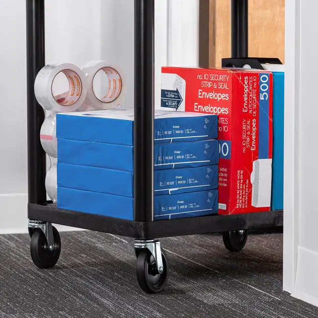 Alt view image 5 of 7 - Tubstr Compact 2 Shelf Utility Cart | Made in USA | Easy-Load Flat Shelves Hold Up to 300 lbs | Space-Saving Storage Cart & Rolling Tool Cart for School, Office & Garage (24 x 18in/Black)