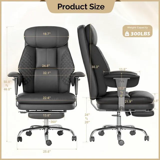 Alt view image 2 of 7 - Leather Big and Tall Office Chair Ergonomic, Footrest, Black | High Back Desk Chair, Computer Chair with Adjustable Armrests, Rocking Function, Thick Back & Cushion, BIFMA & SGS Certified