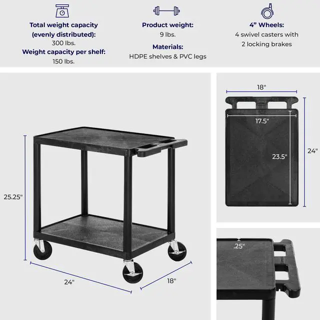 Alt view image 6 of 7 - Tubstr Compact 2 Shelf Utility Cart | Made in USA | Easy-Load Flat Shelves Hold Up to 300 lbs | Space-Saving Storage Cart & Rolling Tool Cart for School, Office & Garage (24 x 18in/Black)