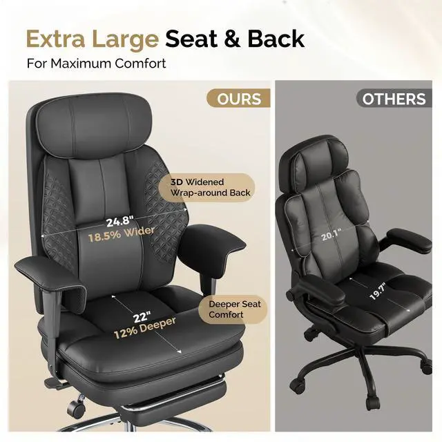 Alt view image 3 of 7 - Leather Big and Tall Office Chair Ergonomic, Footrest, Black | High Back Desk Chair, Computer Chair with Adjustable Armrests, Rocking Function, Thick Back & Cushion, BIFMA & SGS Certified