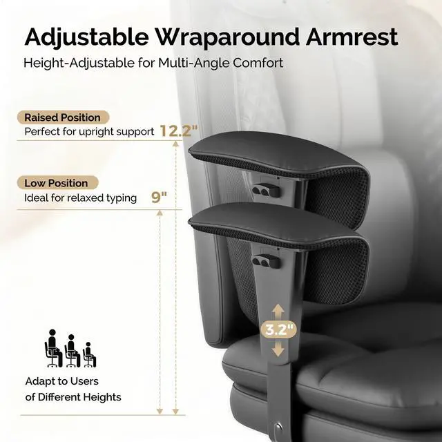 Alt view image 6 of 7 - Leather Big and Tall Office Chair Ergonomic, Footrest, Black | High Back Desk Chair, Computer Chair with Adjustable Armrests, Rocking Function, Thick Back & Cushion, BIFMA & SGS Certified