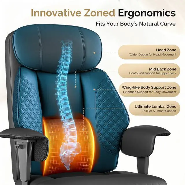 Alt view image 5 of 7 - Leather Big and Tall Office Chair Ergonomic, Footrest, Black | High Back Desk Chair, Computer Chair with Adjustable Armrests, Rocking Function, Thick Back & Cushion, BIFMA & SGS Certified
