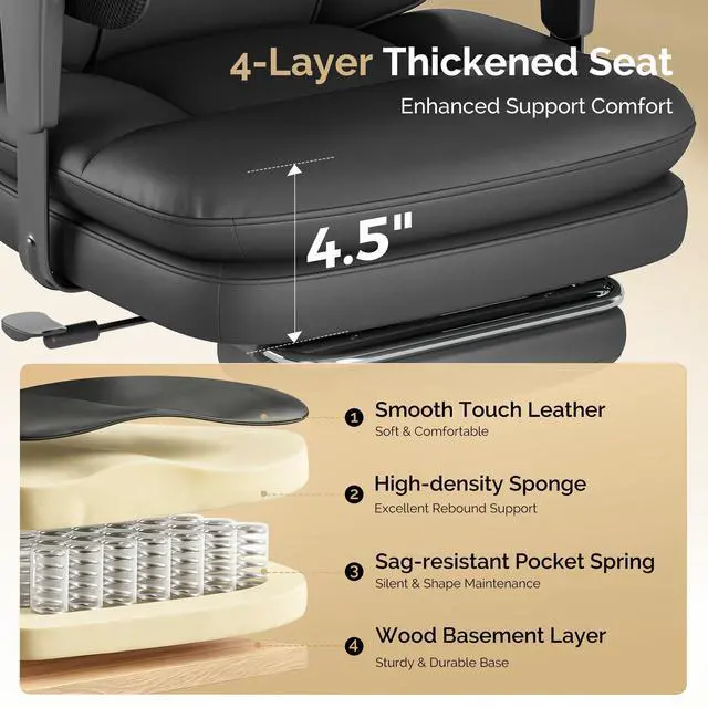 Alt view image 7 of 7 - Leather Big and Tall Office Chair Ergonomic, Footrest, Black | High Back Desk Chair, Computer Chair with Adjustable Armrests, Rocking Function, Thick Back & Cushion, BIFMA & SGS Certified