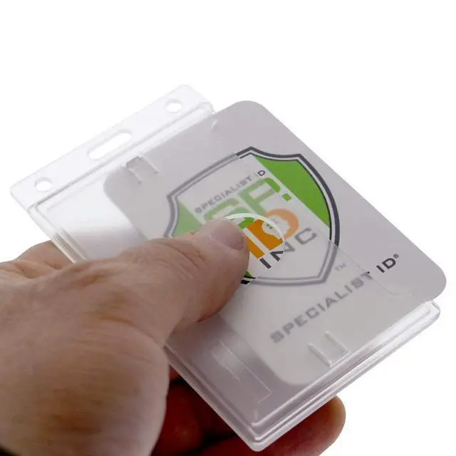 Alt view image 5 of 7 - Bulk 50 Pack - Hard Plastic Badge Holder with Thumb Notch Slide Removal - Vertical Side Load - Clear Frosted Rigid Plastic - Holds One Standard Credit Card Sized Name Badge by