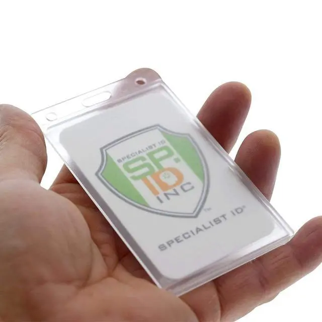 Alt view image 6 of 7 - Bulk 50 Pack - Hard Plastic Badge Holder with Thumb Notch Slide Removal - Vertical Side Load - Clear Frosted Rigid Plastic - Holds One Standard Credit Card Sized Name Badge by