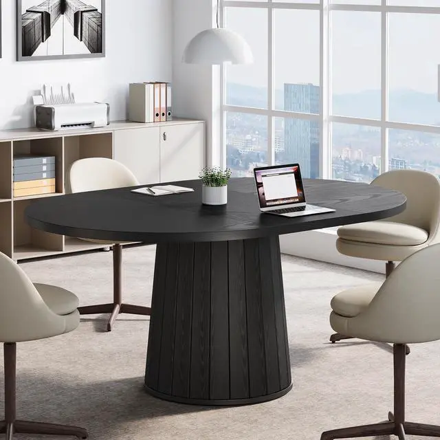 Main image of 55.11" Oval Conference Table for 4-6 (Black) | Rustic Meeting Table, Seminar Boardroom Furniture with Wood Base for Office Conference Room