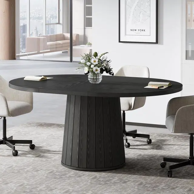 Alt view image 3 of 7 - 55.11" Oval Conference Table for 4-6 (Black) | Rustic Meeting Table, Seminar Boardroom Furniture with Wood Base for Office Conference Room