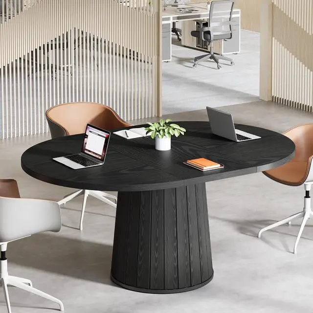 Alt view image 4 of 7 - 55.11" Oval Conference Table for 4-6 (Black) | Rustic Meeting Table, Seminar Boardroom Furniture with Wood Base for Office Conference Room